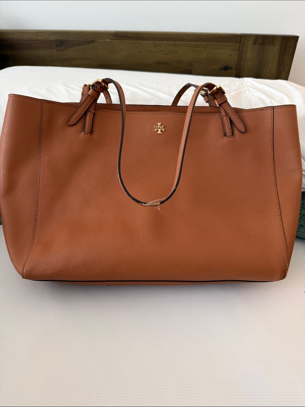 Tory Burch Cognac Leather Tote with Gold Logo